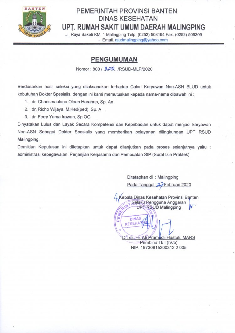 Pengumuman Seleksi Dokter Spesialis