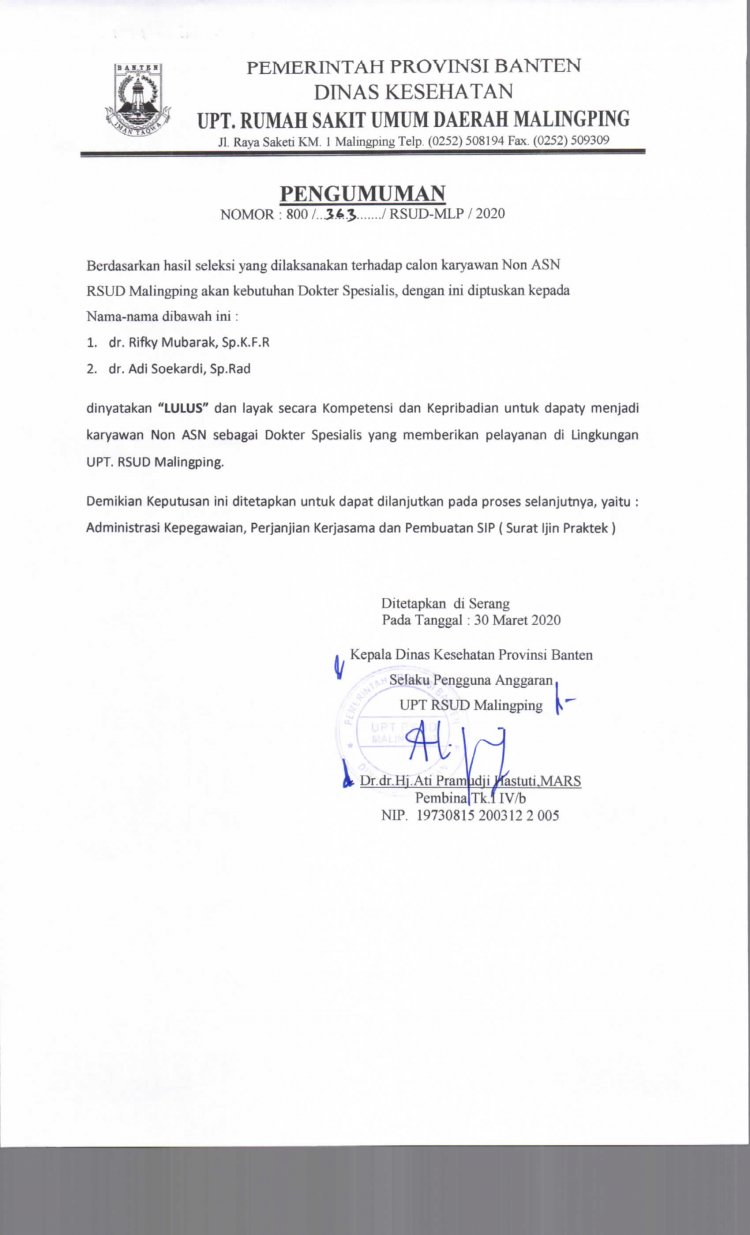 Pengumuman Hasil Seleksi Penerimaan Dokter Spesialis Non ASN RSUD Malingping