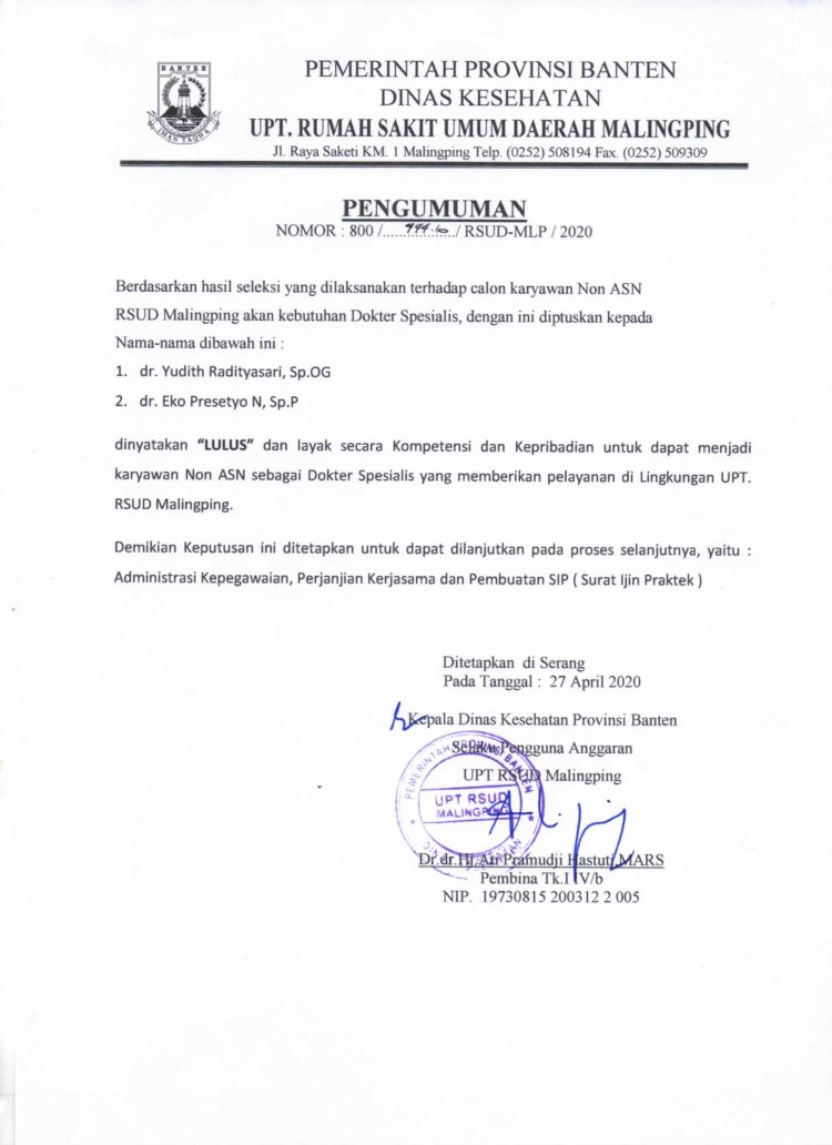 Pengumuman Hasil Seleksi Penerimaan Dokter Spesialis Non ASN RSUD Malingping