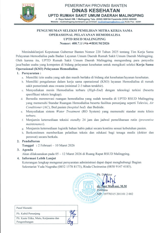 Pengumuman Seleksi Pemilihan Mitra Kerja Sama Operasional Pelayanan Hemodialisa UPTD RSUD Malingping